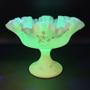Vintage Fenton Hand Painted Uranium Custard Glass Crimped Edge Pedestal Bowl